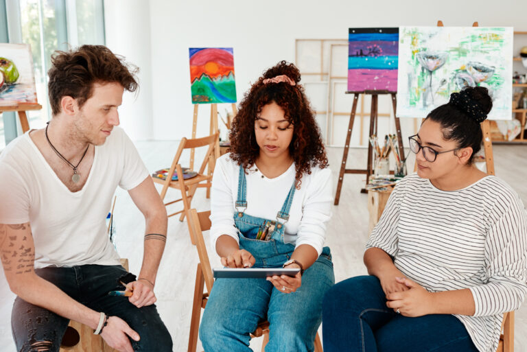 people-artist-tablet-studio-class-digital-ideas-brainstorming-painting-tips-workshop-young-friends-students-painter-with-technology-website-online-course-art-gallery